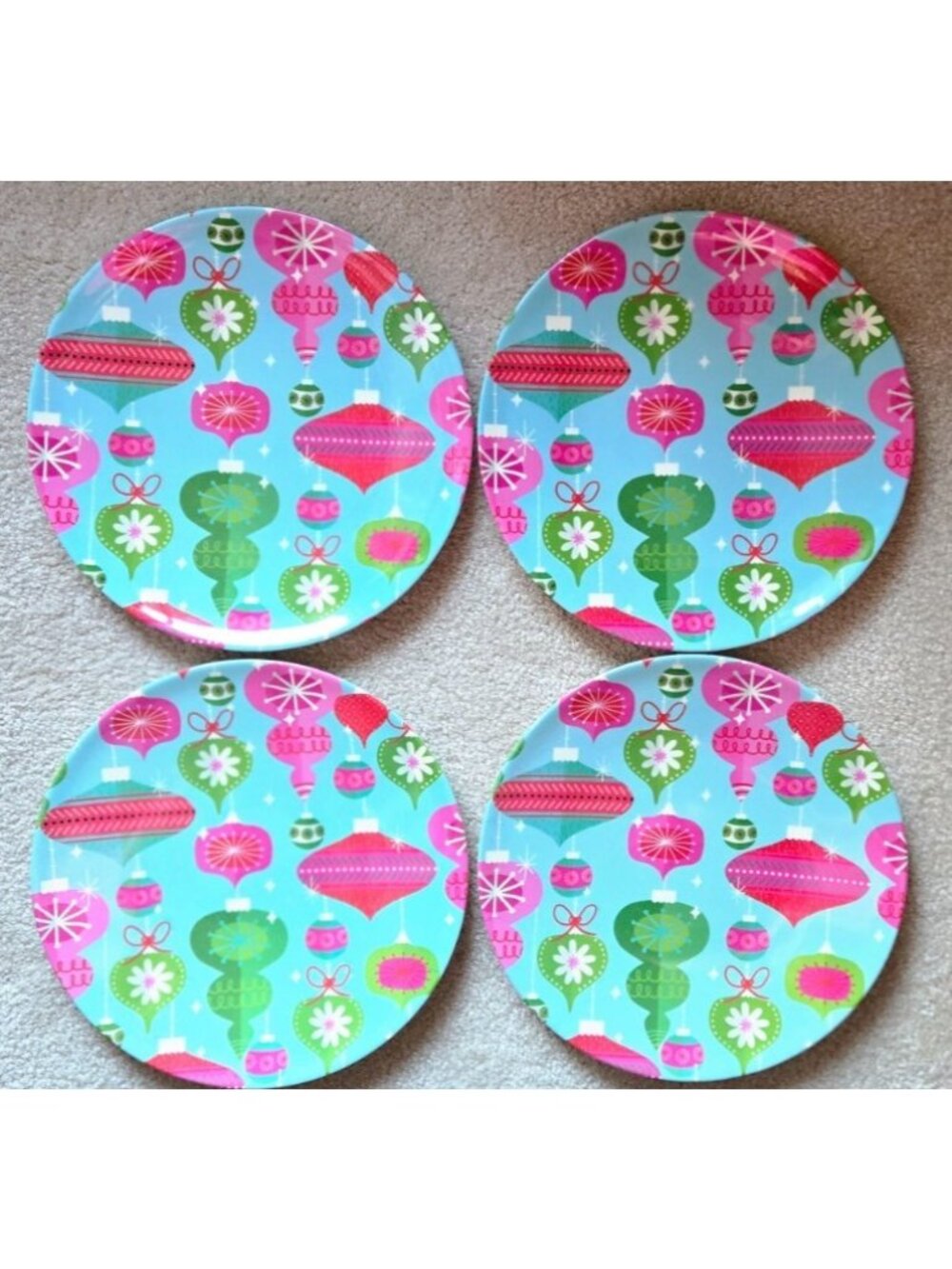Sleigh Bell Bistro Melamine Dinner Plates Set of 4 Christmas Ornament Design